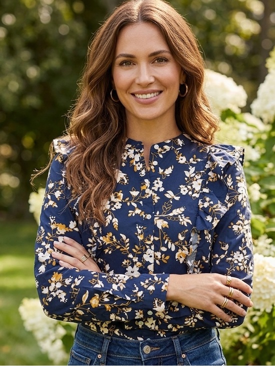 J. Crew Tops - J. Crew Cotton Poplin Ruffle Top Floral Long-Sleeve Blouse - Navy